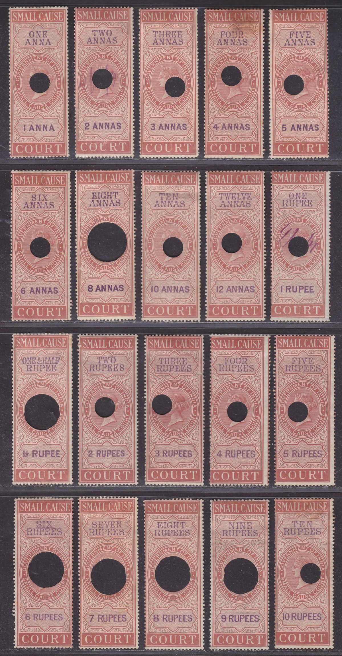 India 1868 QV Revenue Small Cause Court 1a to 10r Orange and Violet Used BF1-20