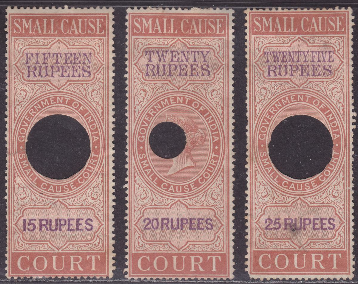 India 1868 QV Revenue Small Cause Court 15r 20r 25r Orange + Violet Used BF21-23