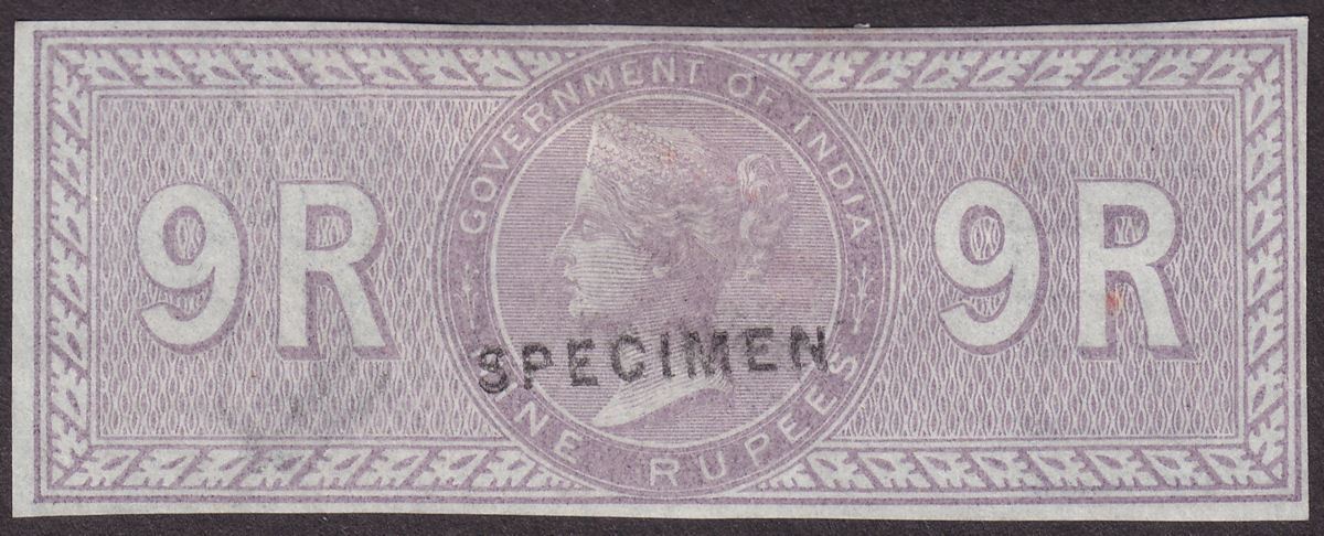 India 1866 QV Revenue Special Adhesive SPECIMEN 9r Dull Lilac Imperforate BF12s