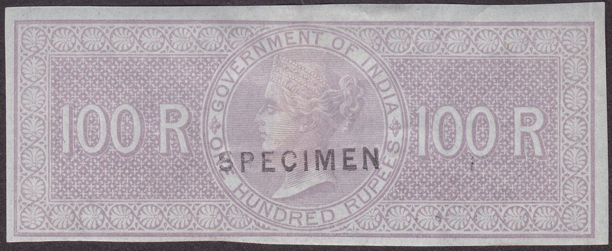 India 1866 QV Revenue Special Adhesive SPECIMEN Unissued 100r Imperforate