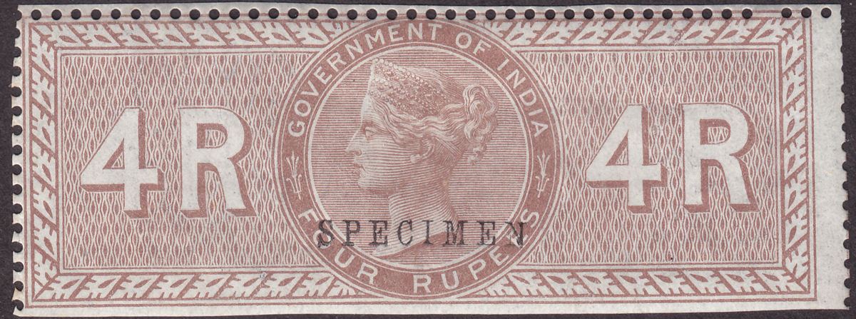 India 1868 QV Revenue Special Adhesive SPECIMEN 4r Brown BF34s Samuels type 14