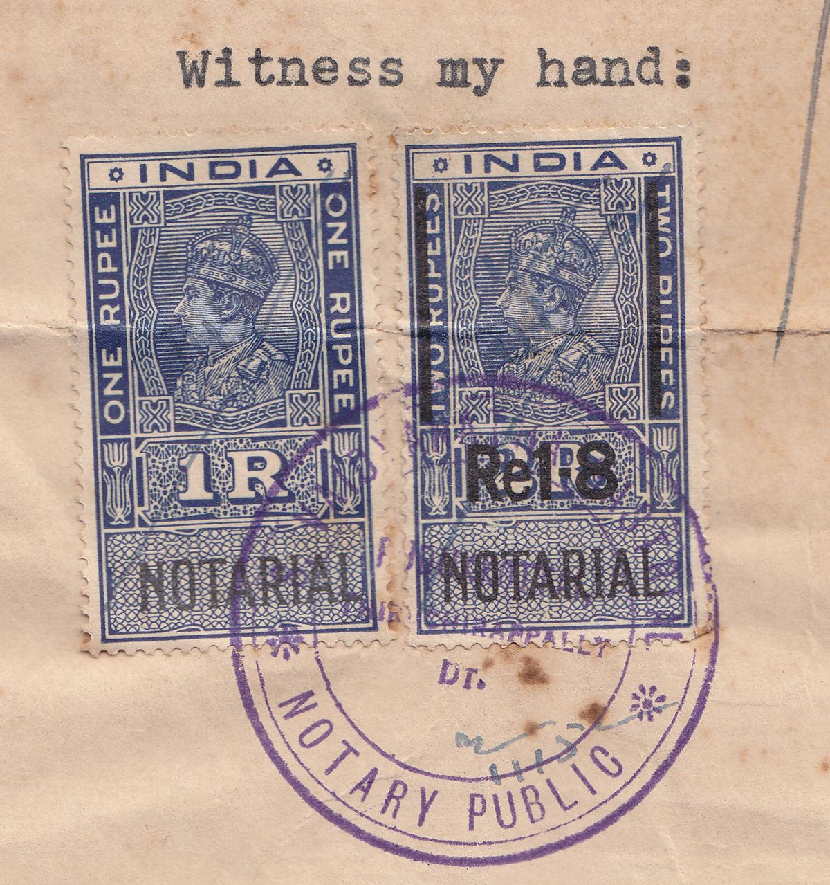 India 1952 Revenue Notarial 1r8 Surcharge on 2r + 1r Used Part Notary Document