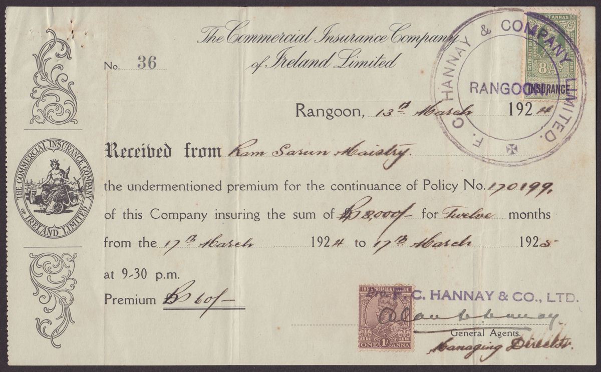 India used Burma 1924 KGV Revenue Insurance 8a Used on Rangoon Policy Document