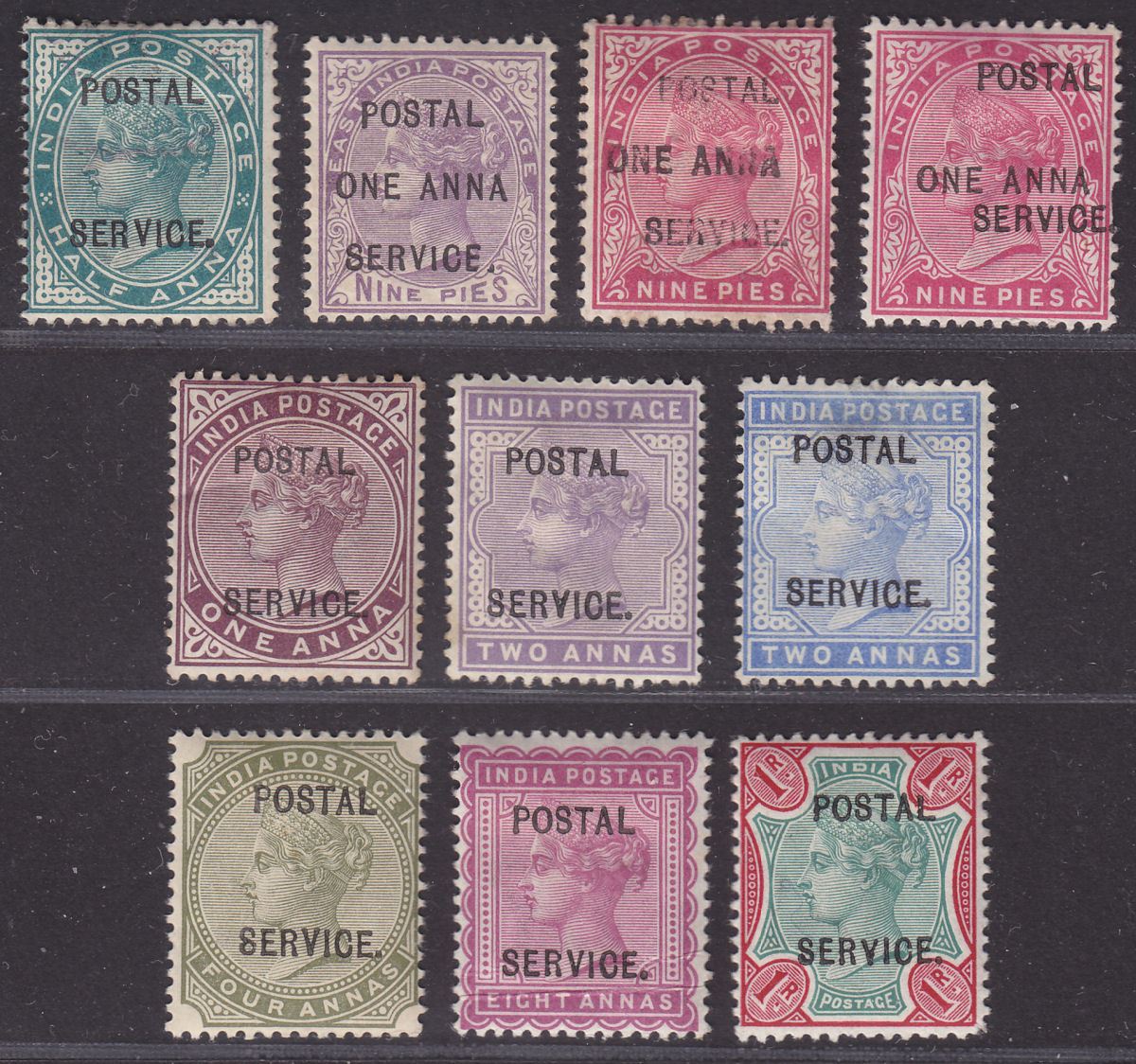 India 1895 QV Revenue Postal Service Overprint Selection to 1r Mostly Mint