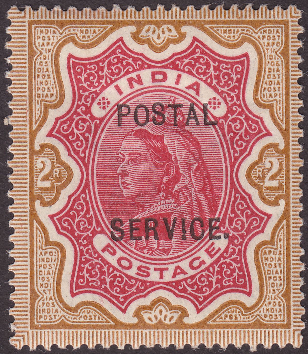 India 1895 QV Revenue Postal Service Overprint 2r Carmine and Brown Mint