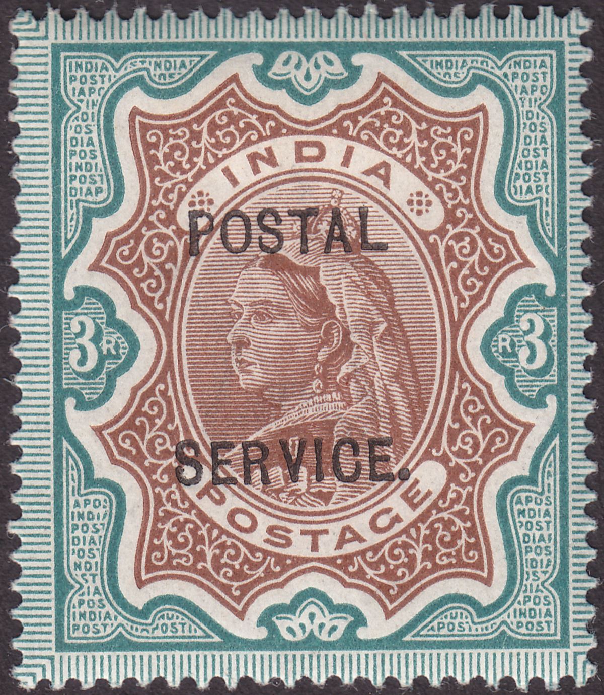 India 1895 QV Revenue Postal Service Overprint 3r Brown and Green Mint