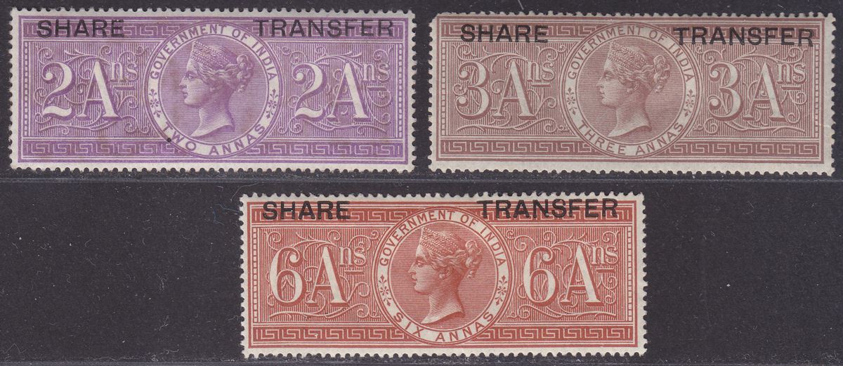 India 1892 QV Revenue Share Transfer Overprint 2a, 3a, 6a Mint BF16 BF17 BF18