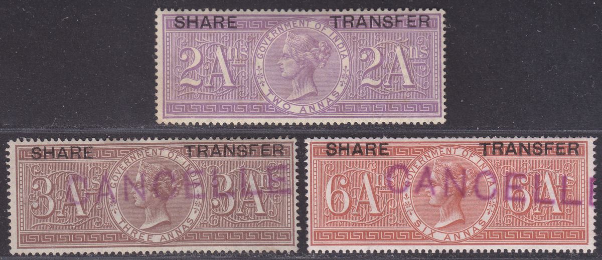 India 1892 QV Revenue Share Transfer Overprint 2a Mint 3a, 6a Used w CANCELLED