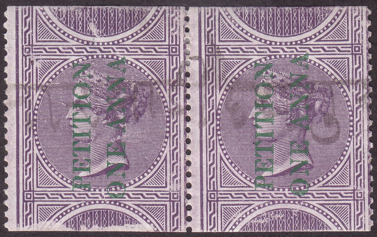 India 1867 QV Revenue Petition Overprint Up Foreign Bill 1a on 4r Pair Used BF1