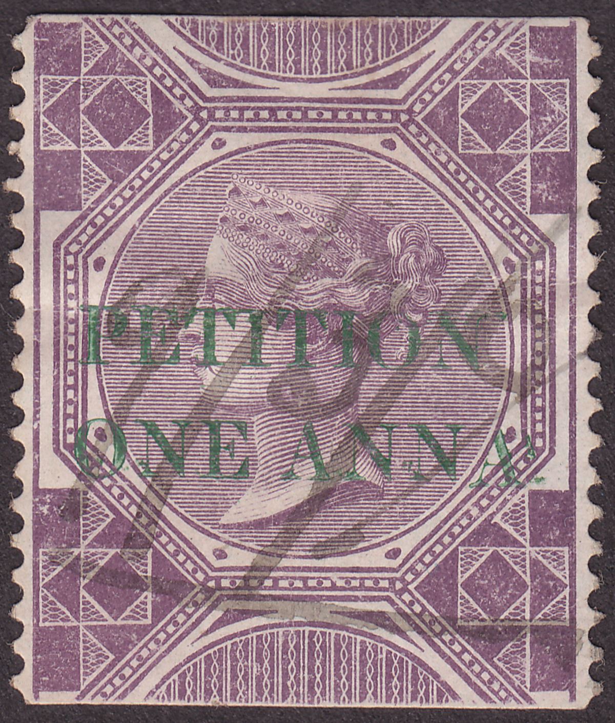 India 1867 QV Revenue Petition Overprint Foreign Bill 1a on 4r Purple Used BF3