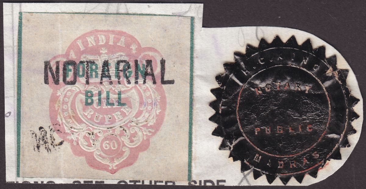 India 1879 QV Revenue Notarial Overprint on 1r Foreign Bill Used + Madras Seal