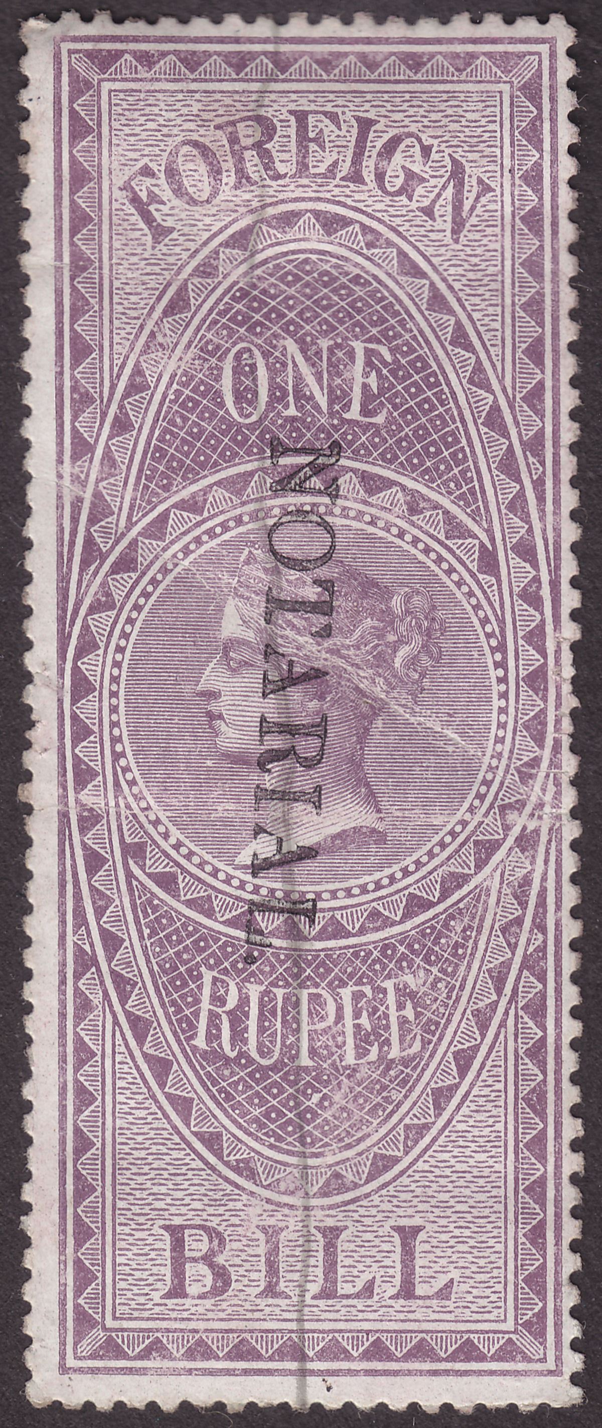 India 1879 QV Revenue Notarial Overprint 23mm Down Foreign Bill 1r Used BF10bB