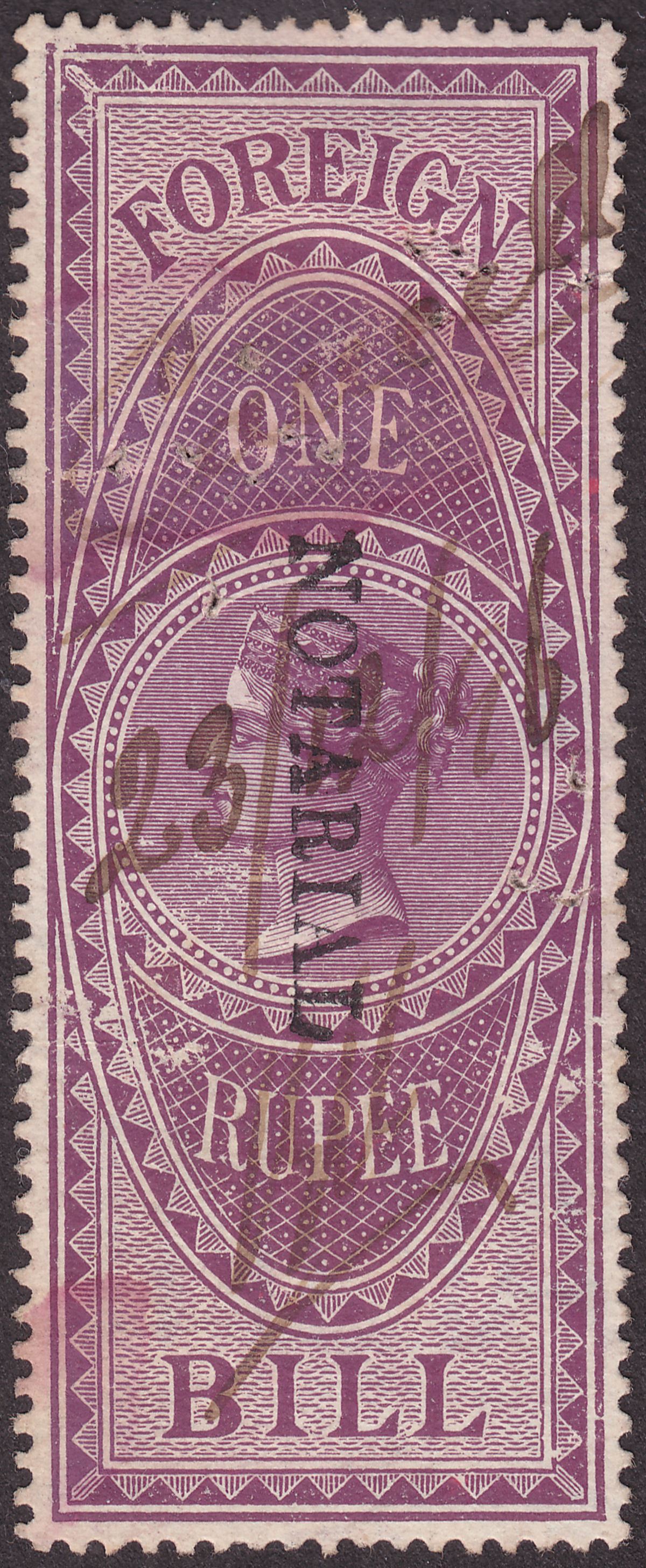 India 1879 QV Revenue Notarial Overprint 19½mm Down Foreign Bill 1r Used BF10B