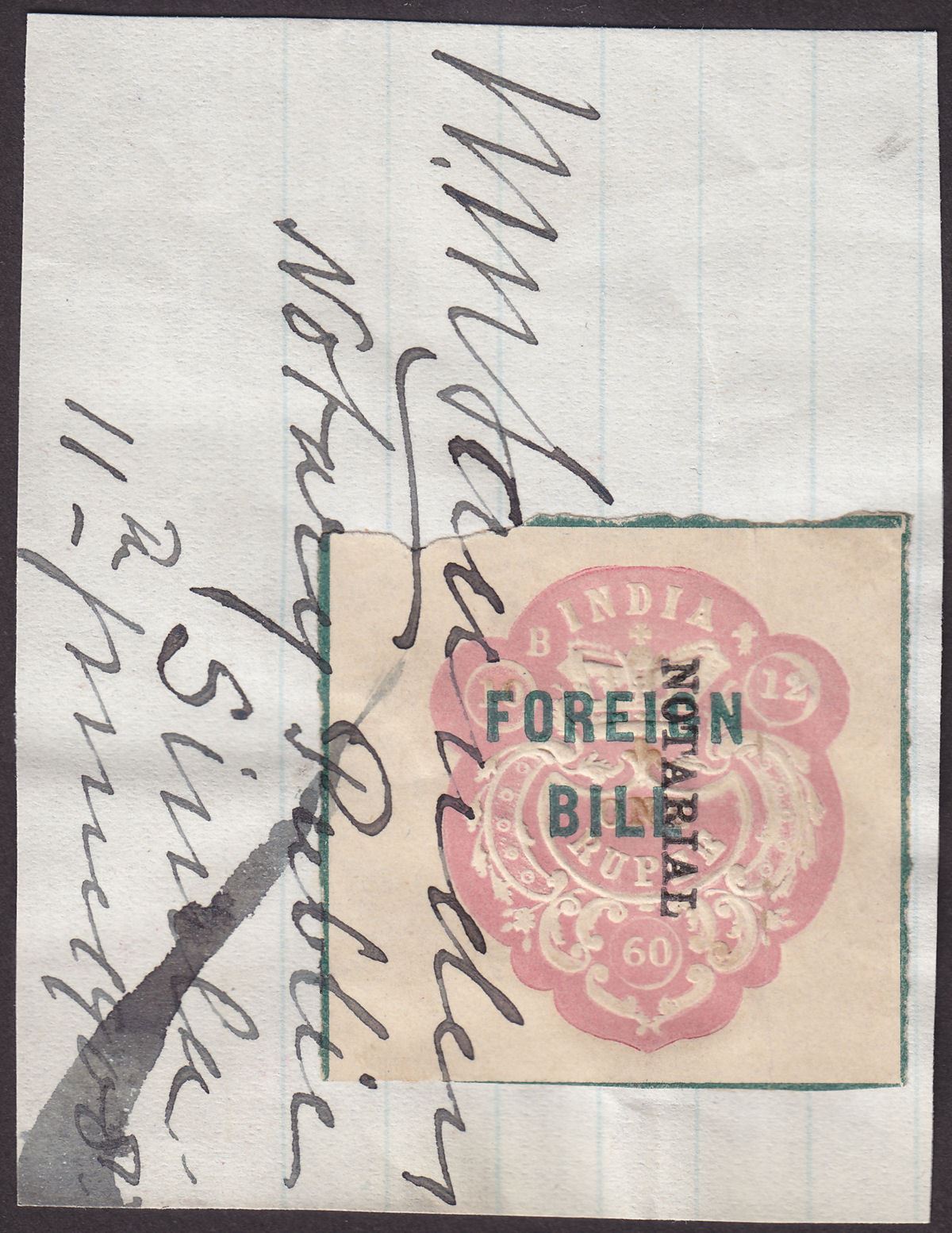 India 1879 QV Revenue Notarial Overprint on 1r Embossed Foreign Bill Used BF3