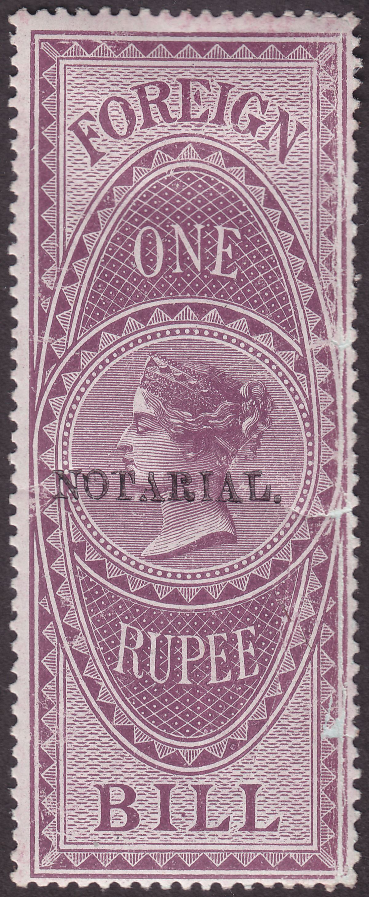 India 1879 QV Revenue Notarial Overprint 16mm on Foreign Bill 1r Purple Mint BF7