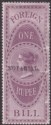 Click for more photos and details India 1879 QV Revenue Notarial Overprint 16mm on Foreign Bill 1r Purple Mint BF7