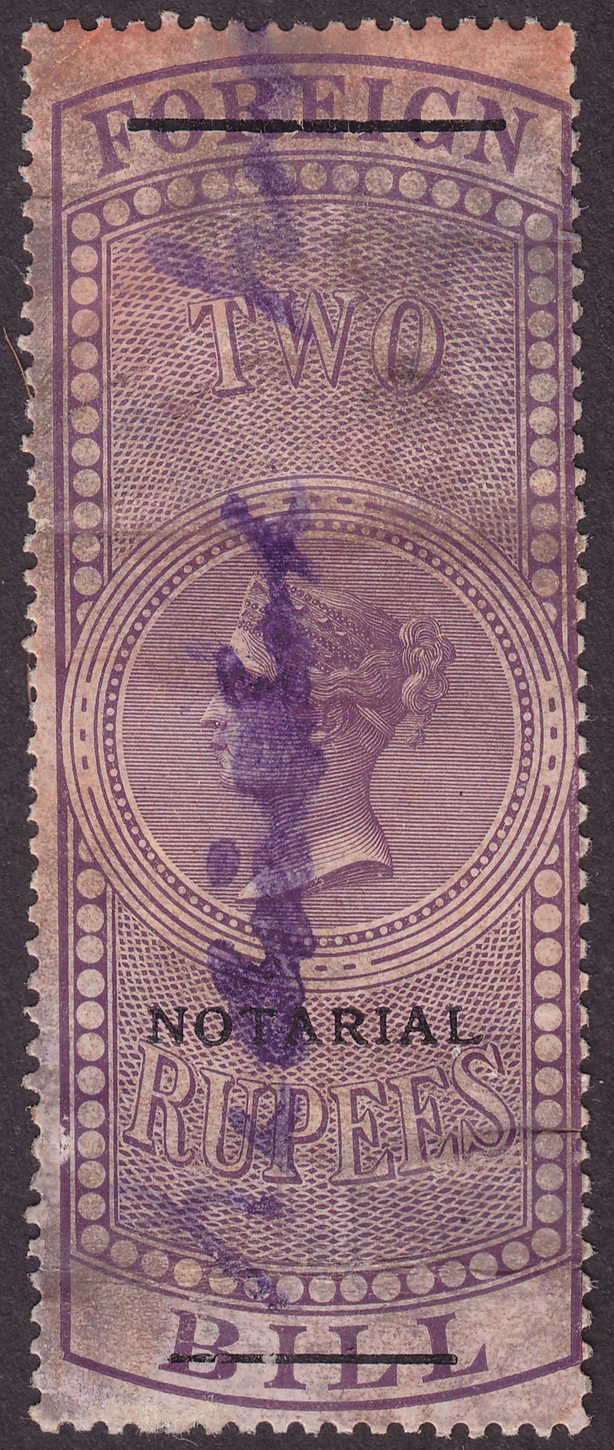 India 1879 QV Revenue Notarial Overprint on Foreign Bill 2r Purple Used BF5