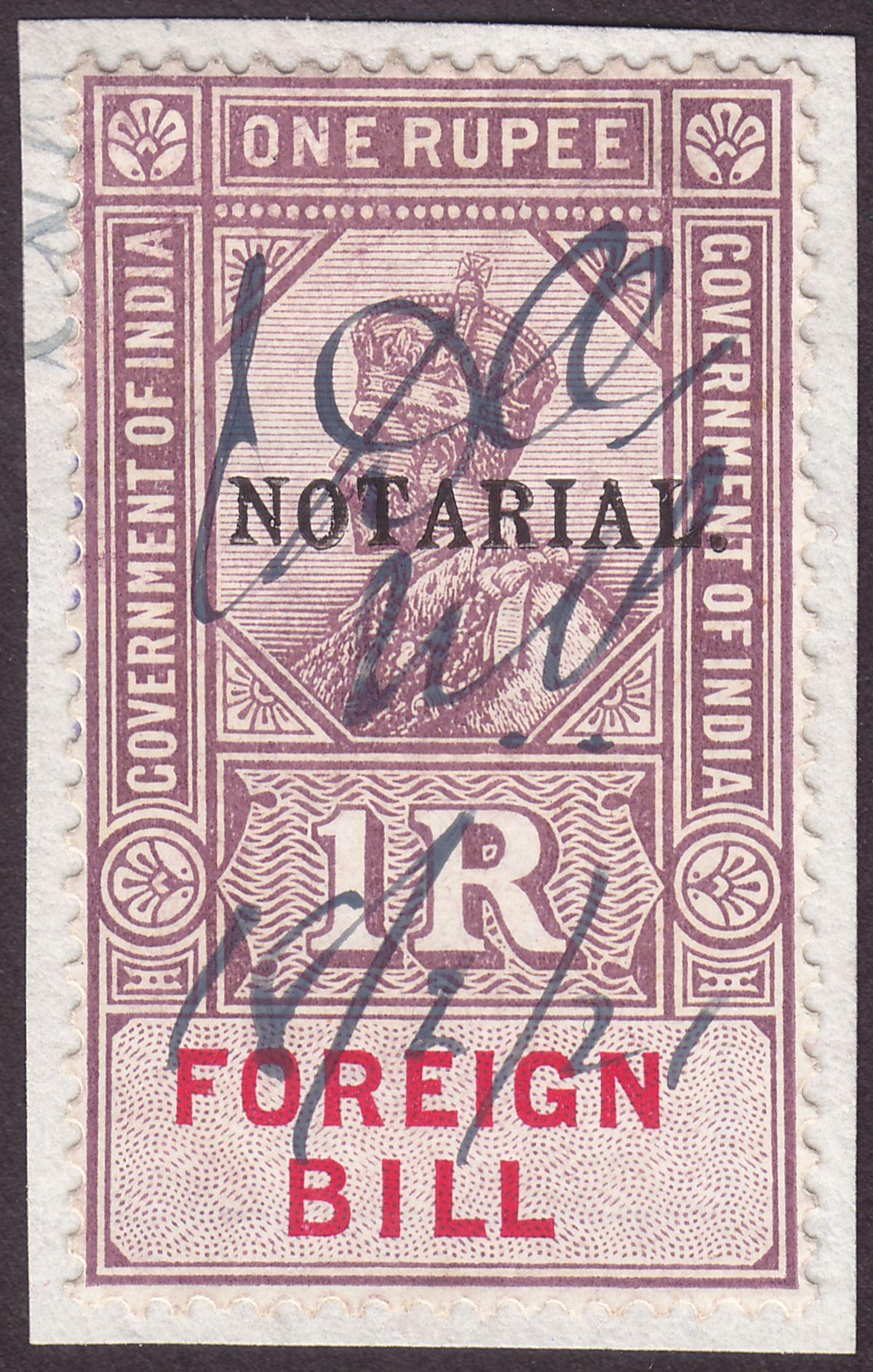 India 1923 KGV Revenue Notarial Overprint on Foreign Bill 1r Used on Piece BF30