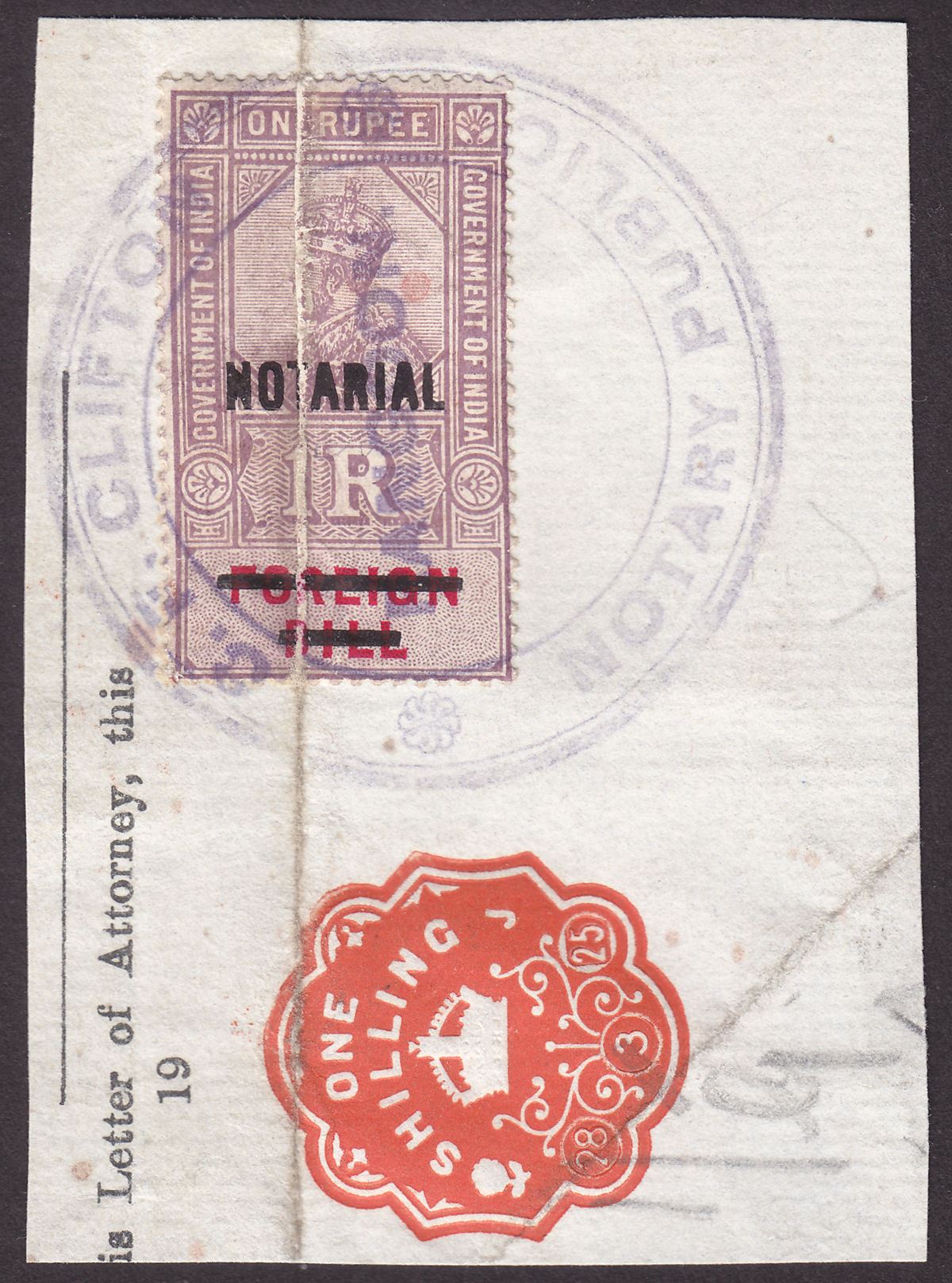 India 1923 KGV Revenue Notarial Overprint on Foreign Bill 1r Used on Piece BF35