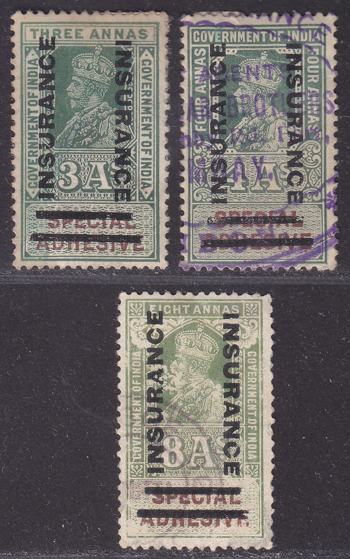 India 1921 Revenue Insurance Overprint on Special Adhesives 3a 4a 8a Used BF2-5