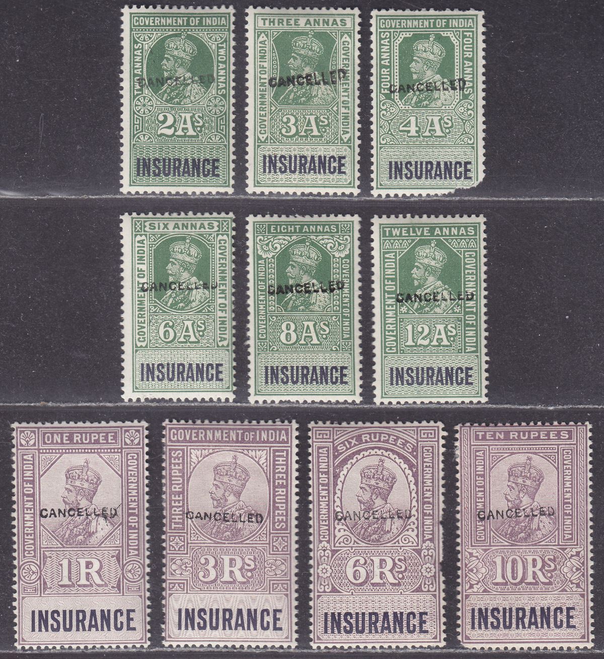 India 1923 KGV Revenue Insurance Type 25 CANCELLED 2a - 10r BF12c-21c