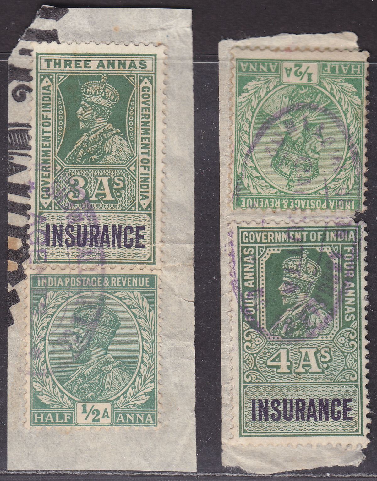India 1923 KGV Revenue Insurance 3a, 4a with Postage ½a Used on Pieces