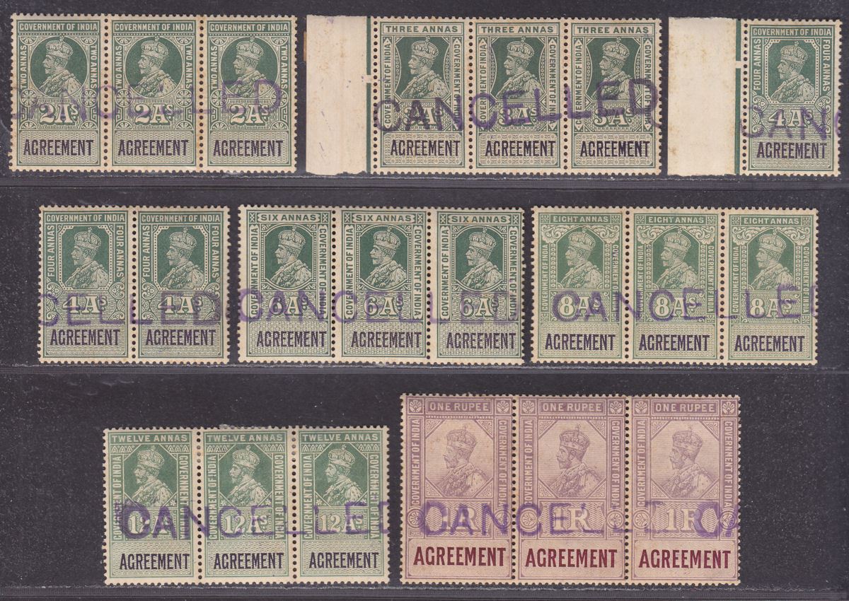 India 1923 KGV Revenue Agreement CANCELLED Set BF7-BF13 heavily toned