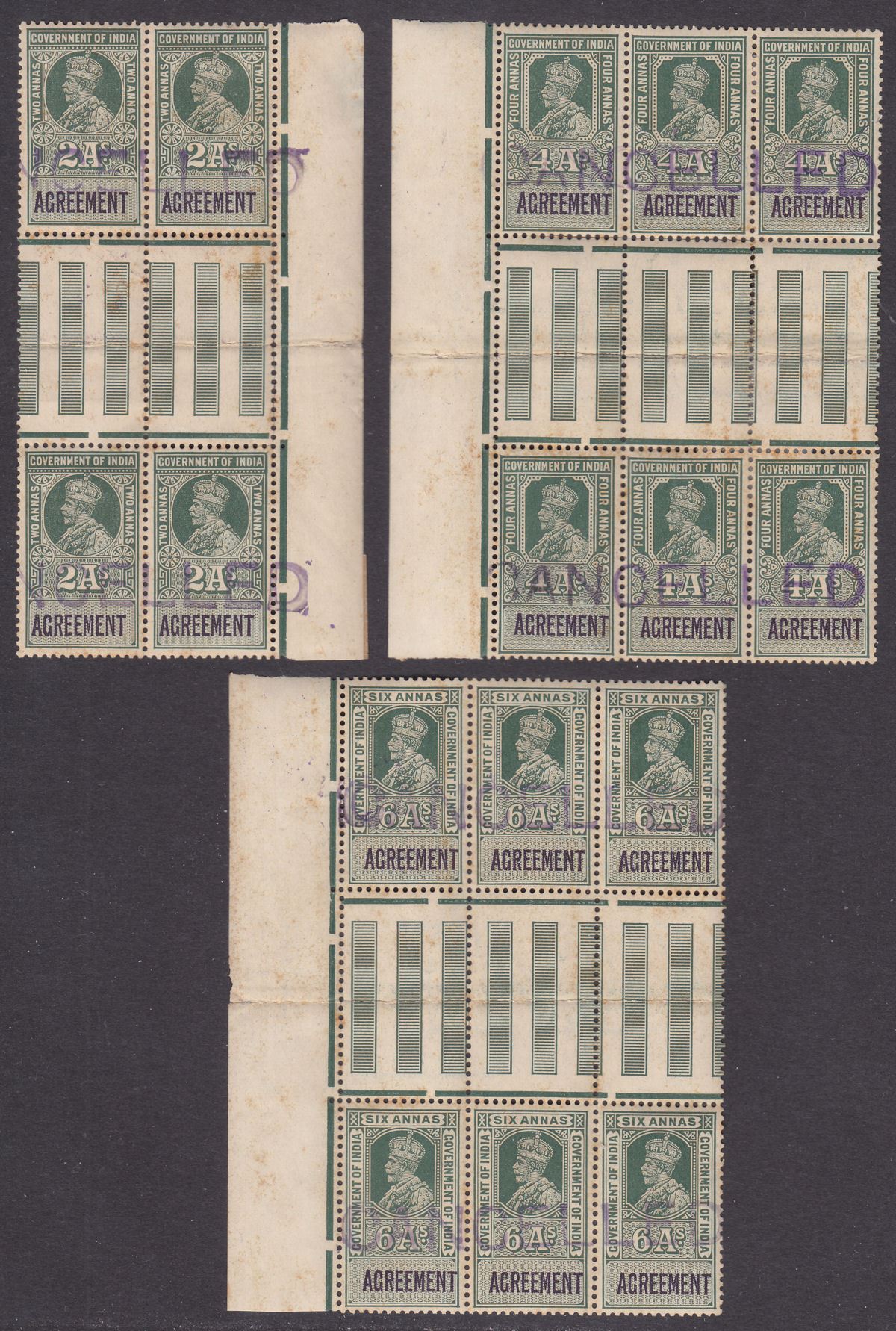 India 1923 KGV Revenue Agreement CANCELLED 2a 4a 6a Gutter Blocks - heavy toned