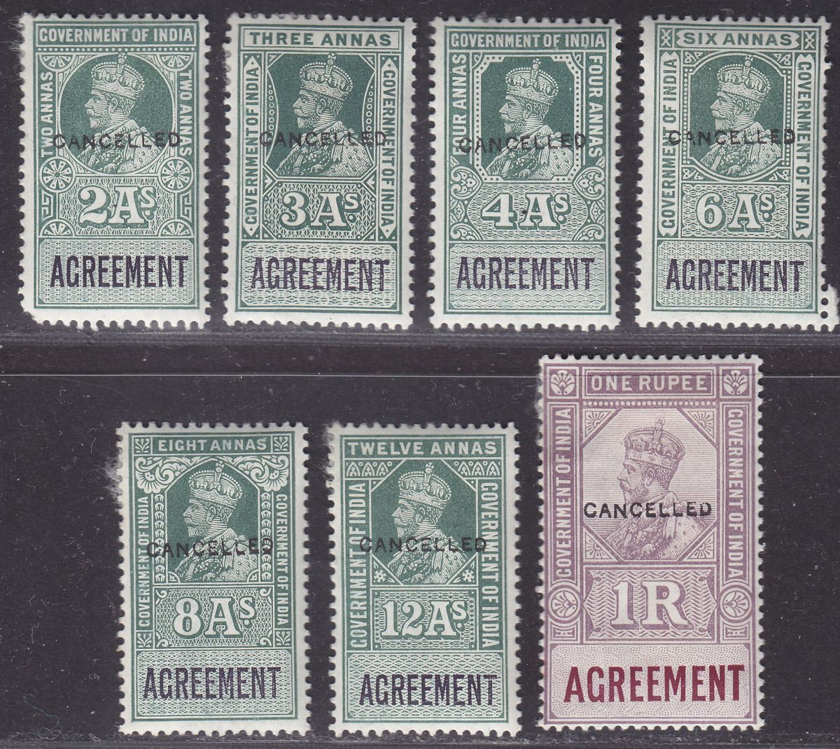 India 1923 KGV Revenue Agreement Type 25 CANCELLED Set BF7c-BF13c
