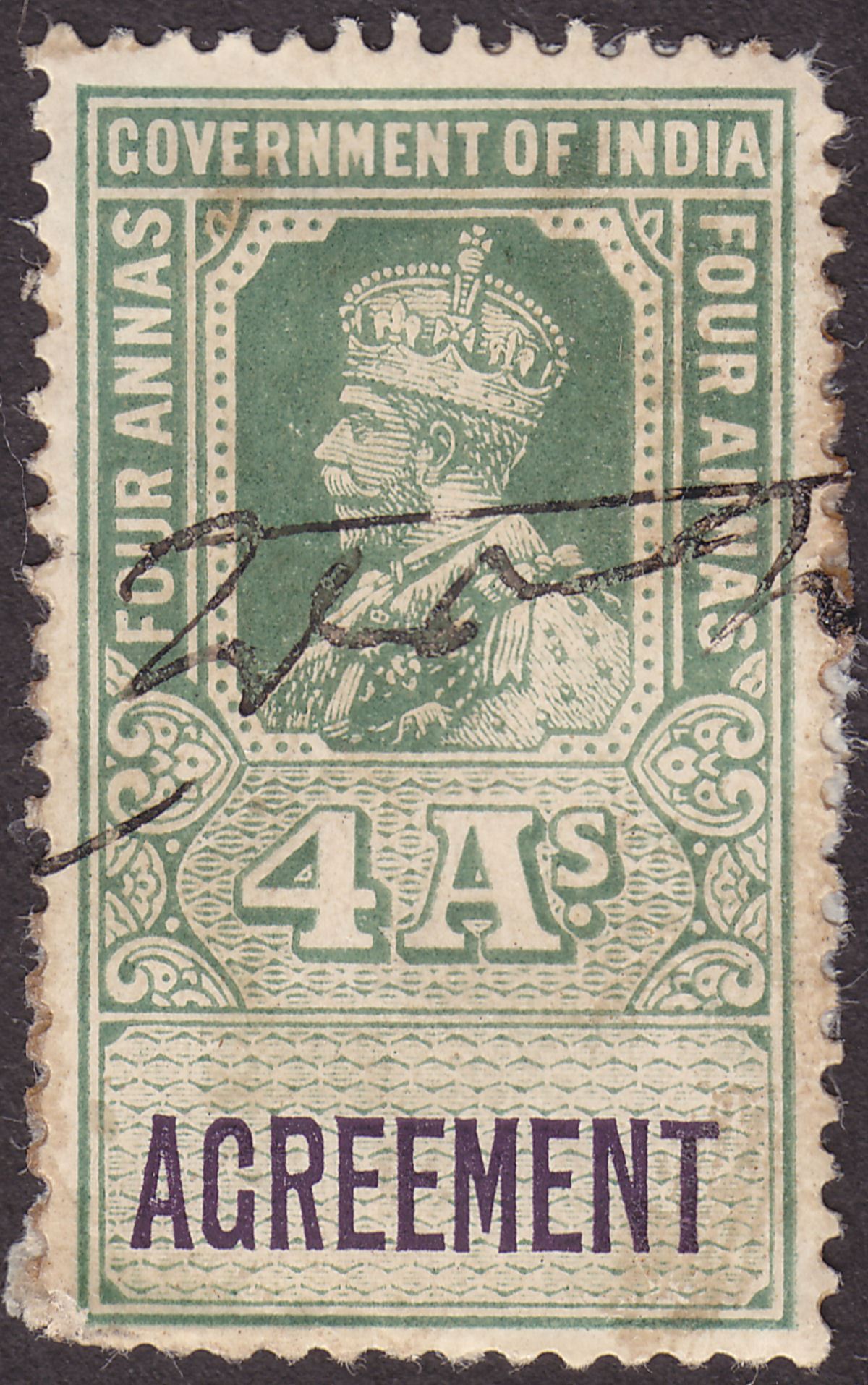 India 1923 KGV Revenue Agreement 4a Green and Black Used BF9?