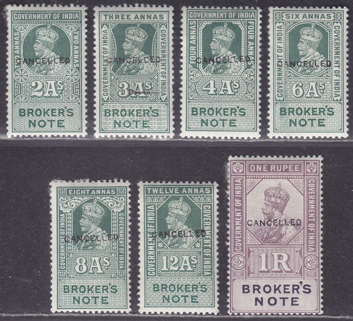 India 1923 KGV Revenue Broker's Note Type 25 CANCELLED Set BF11c-BF17c