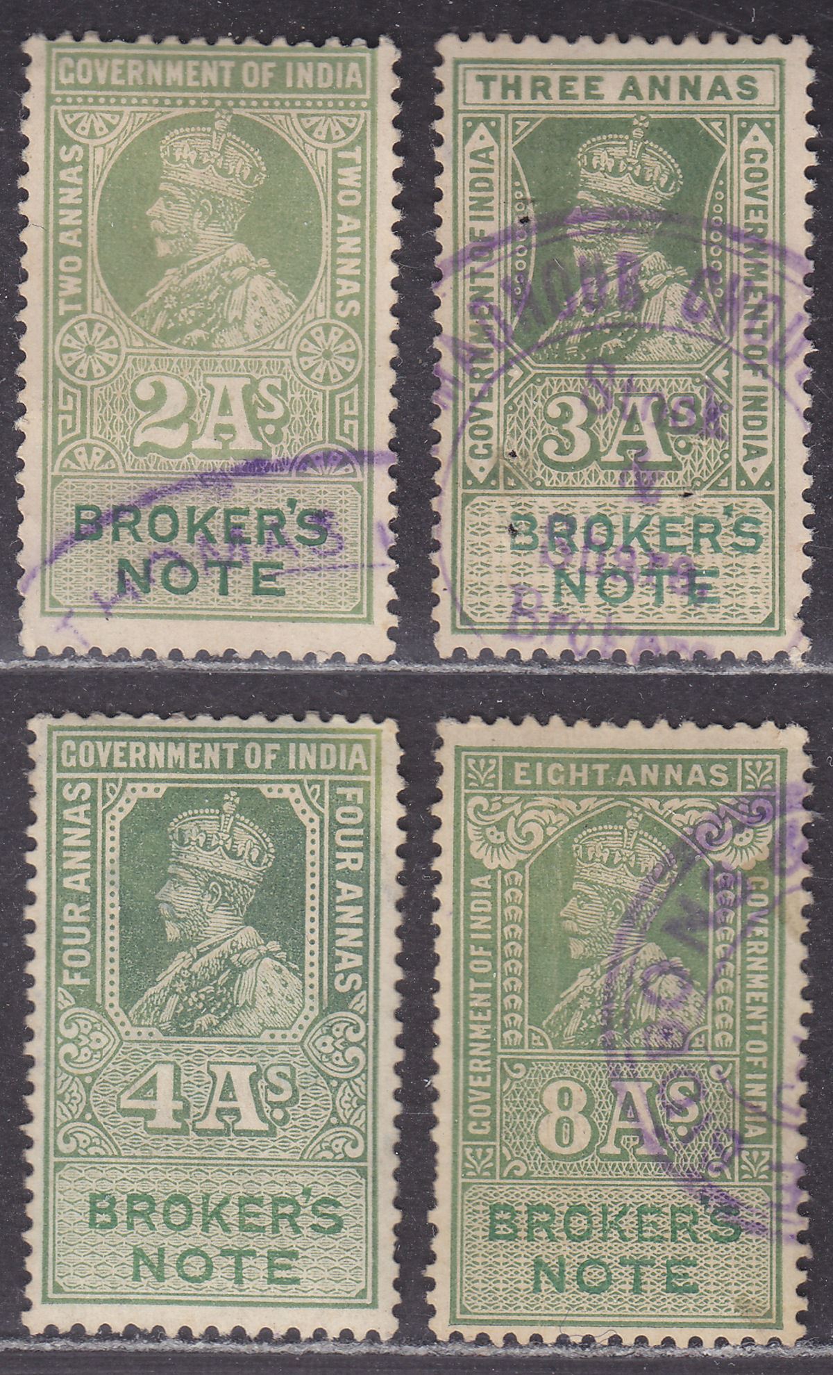India 1923 KGV Revenue Broker's Note 2a, 3a, 4a, 8a Mostly Used