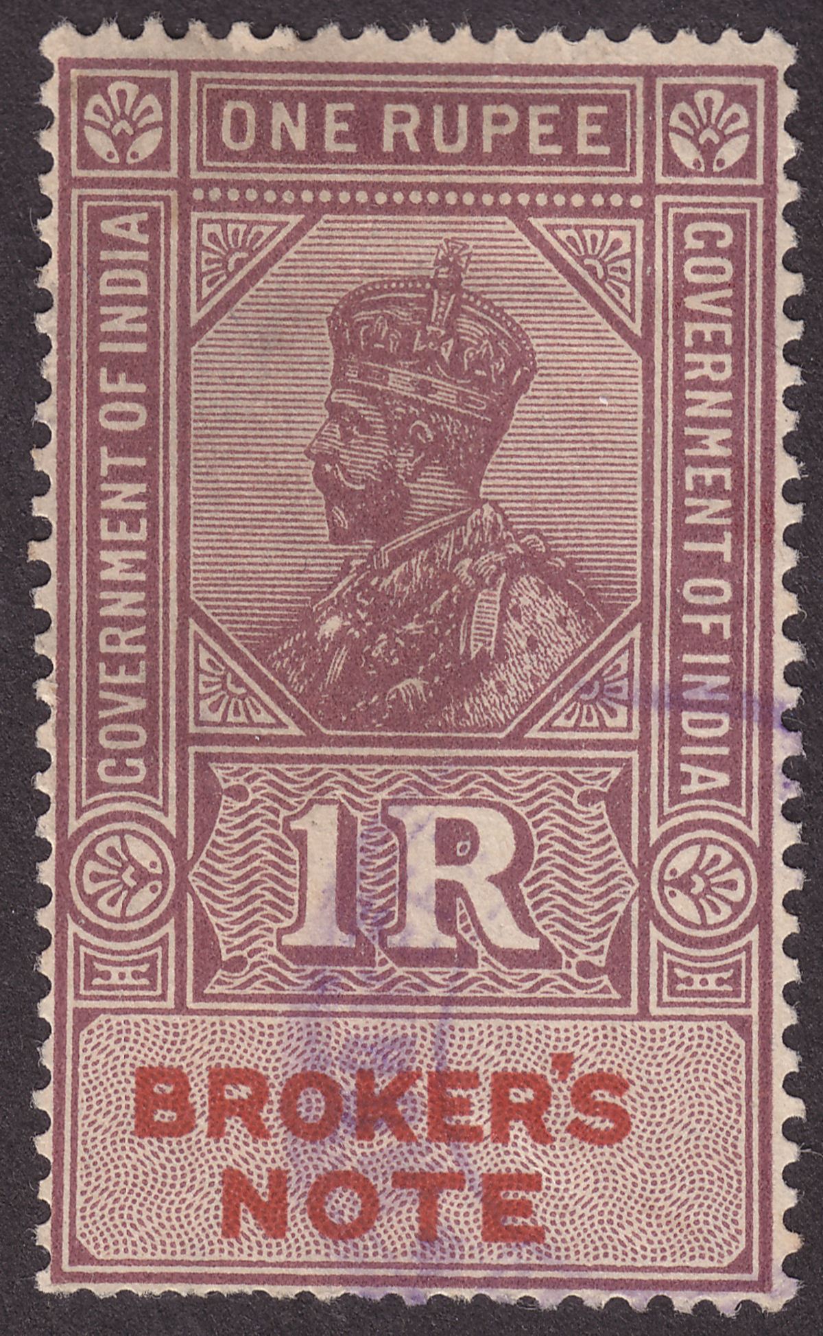 India 1926 KGV Revenue Broker's Note 1r Purple and Red Used BF26