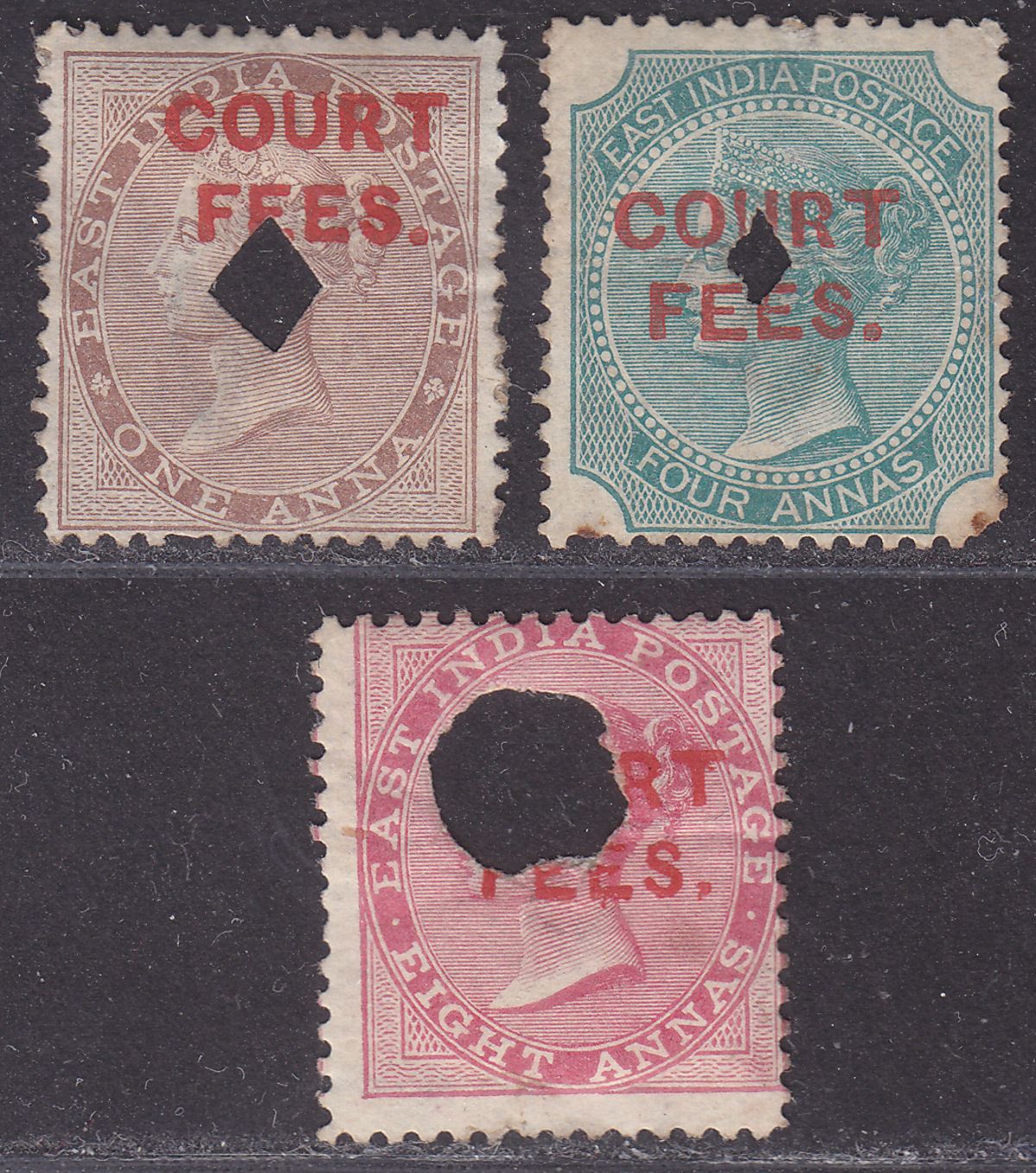 India 1870 QV Revenue Court Fees Overprint 1a, 4a, 8a Used BF1 BF3 BF4