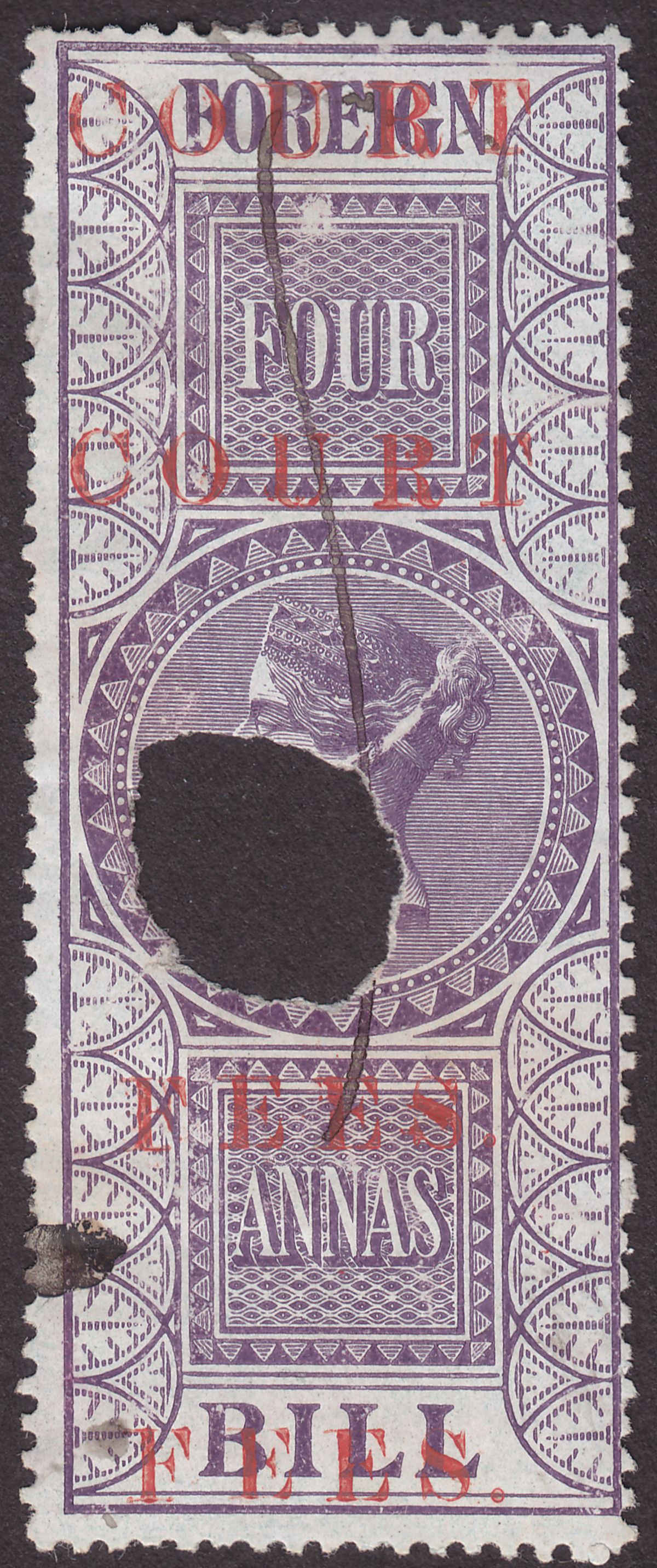 India 1870 QV Revenue Court Fees Opt Twice Foreign Bill 4a Purple Used BF59