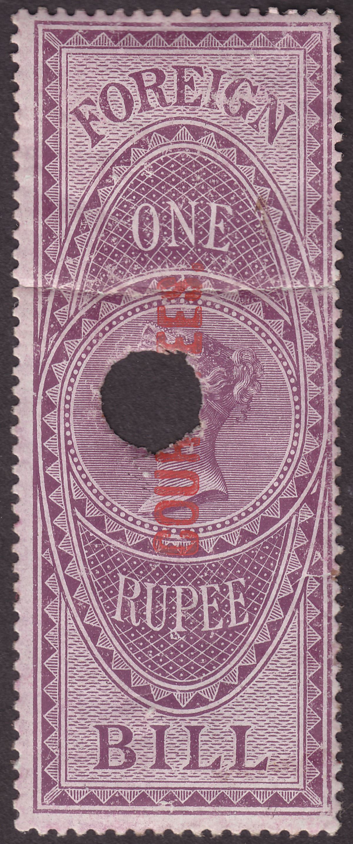 India 1870 QV Revenue Court Fees Overprint Up on Foreign Bill 1r Used BF51a