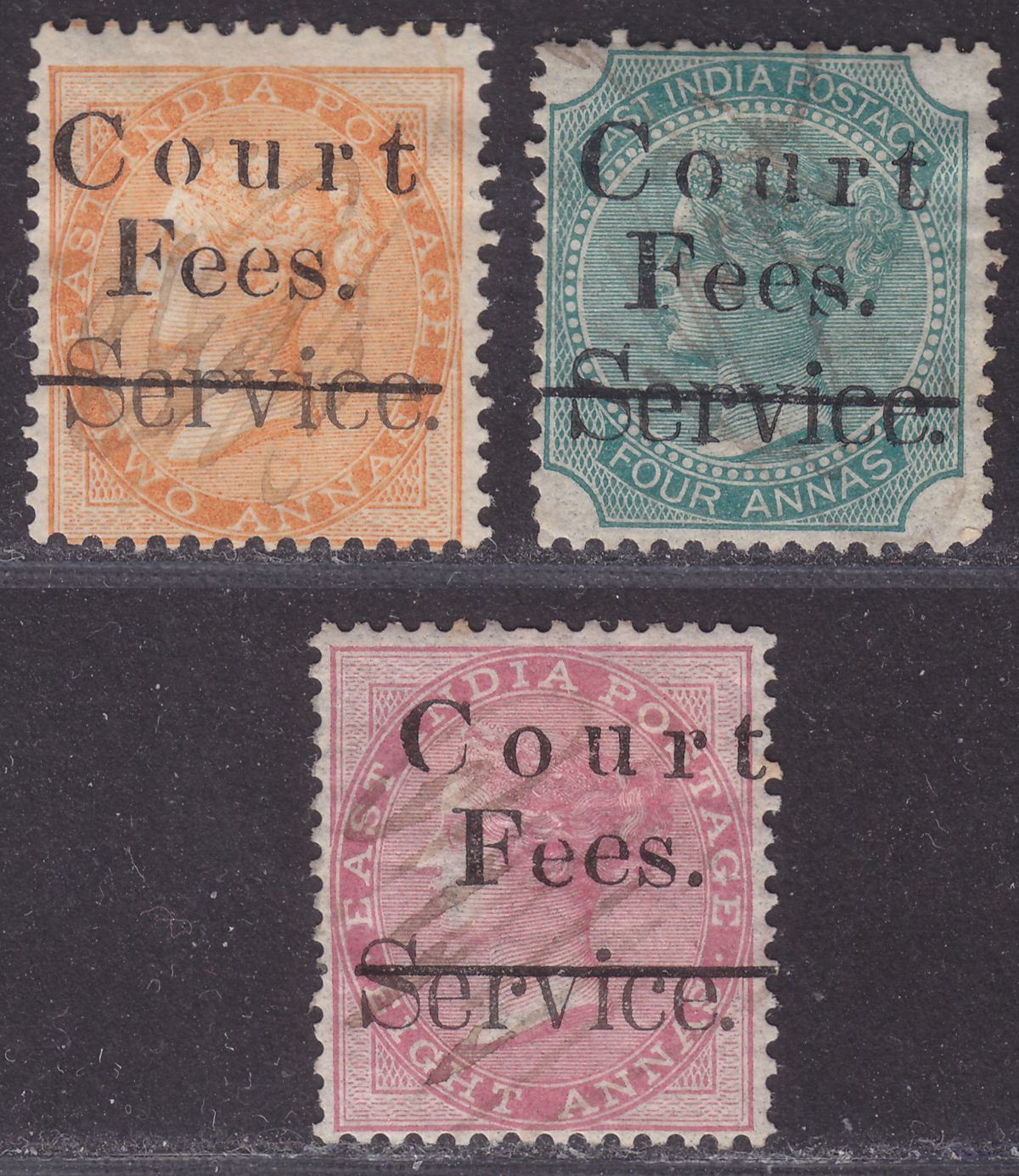India 1870 QV Revenue Court Fees Overprint on Service 2a, 4a, 8a Used BF5-BF7