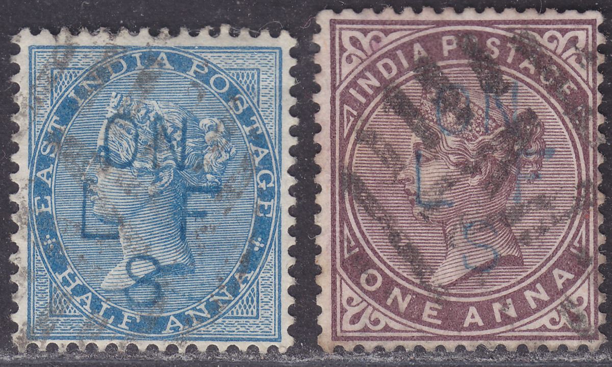 India 1873-83 QV ½a 1a w On LFS Local Funds Service Private Blue Overprint Used 