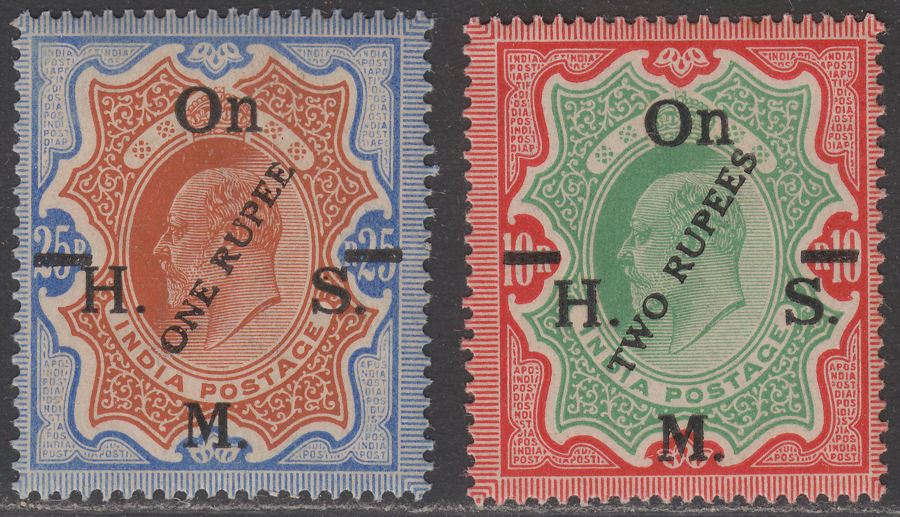 India 1925 KEVII Official 1r on 25r, 2r on 10r Surcharge Mint SG O100 O101 c £43