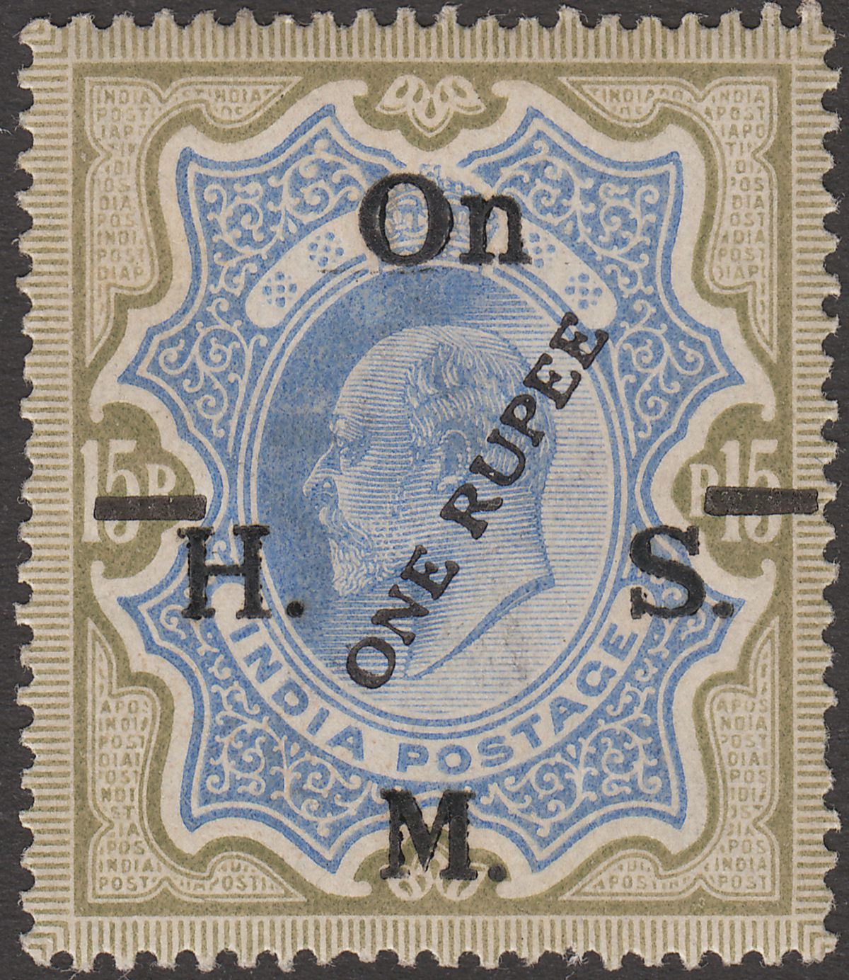 India 1925 KEVII Official 1r on 15r Blue and Olive Surcharge Mint SG O99