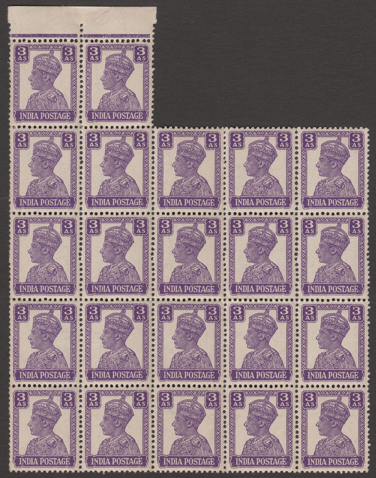 India 1943 King George VI 3a Bright Violet (typo) Block of 22 Mint SG271b cat£80