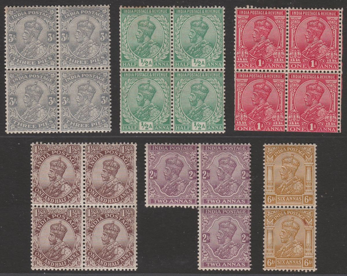 India 1911-22 King George V Part Set to 6a Blocks / Pair Mint with toning