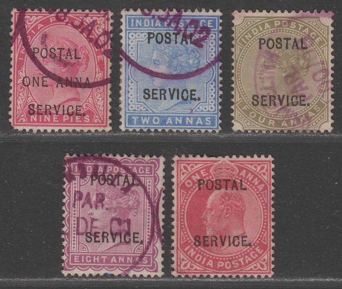 India 1895-1904 QV-KEVIII Revenue Postal Service Overprint Selection to 8a Used