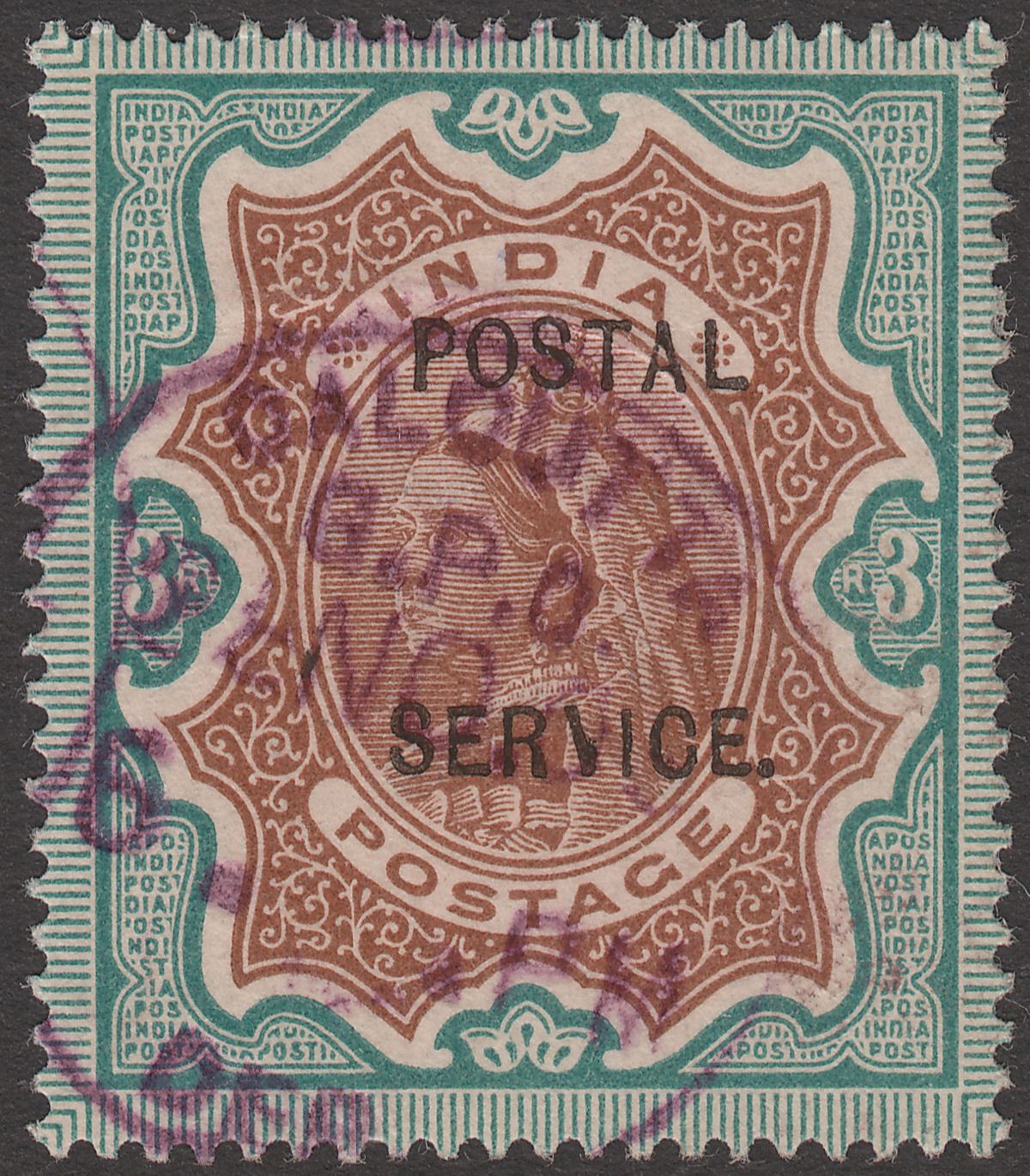 India 1895 QV Revenue Postal Service Overprint 3r Green and Brown Used