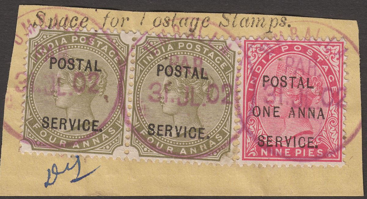 India 1902 QV Postal Service Revenue Overprint 4a x2 and 1a on 9p Used on Piece
