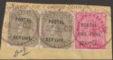 Click for more photos and details India 1902 QV Postal Service Revenue Overprint 4a x2 and 1a on 9p Used on Piece