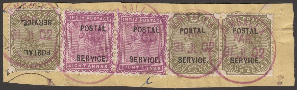 India 1902 QV Postal Service Revenue Overprint 8a x2 and 4a x3 Used on Piece