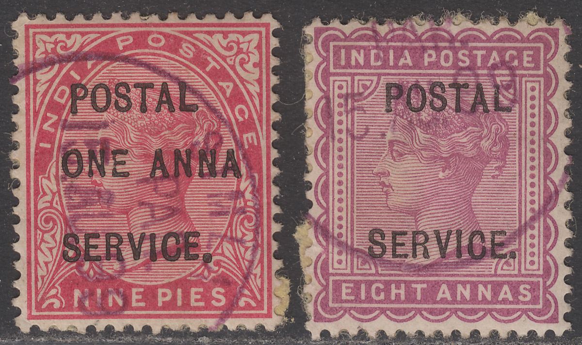 India 1902 QV Postal Service Revenue Overprint 8a and 1a on 9p Used