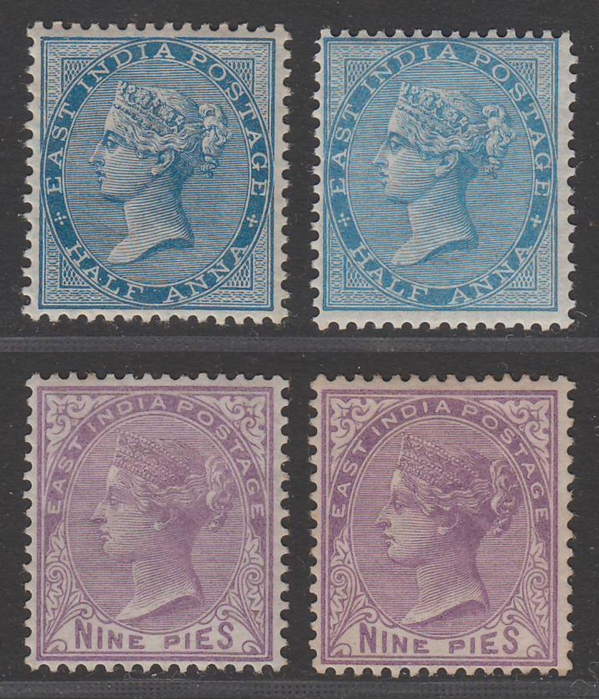 India 1873-74 Queen Victoria ½a, 9p Shades Mint / Unused