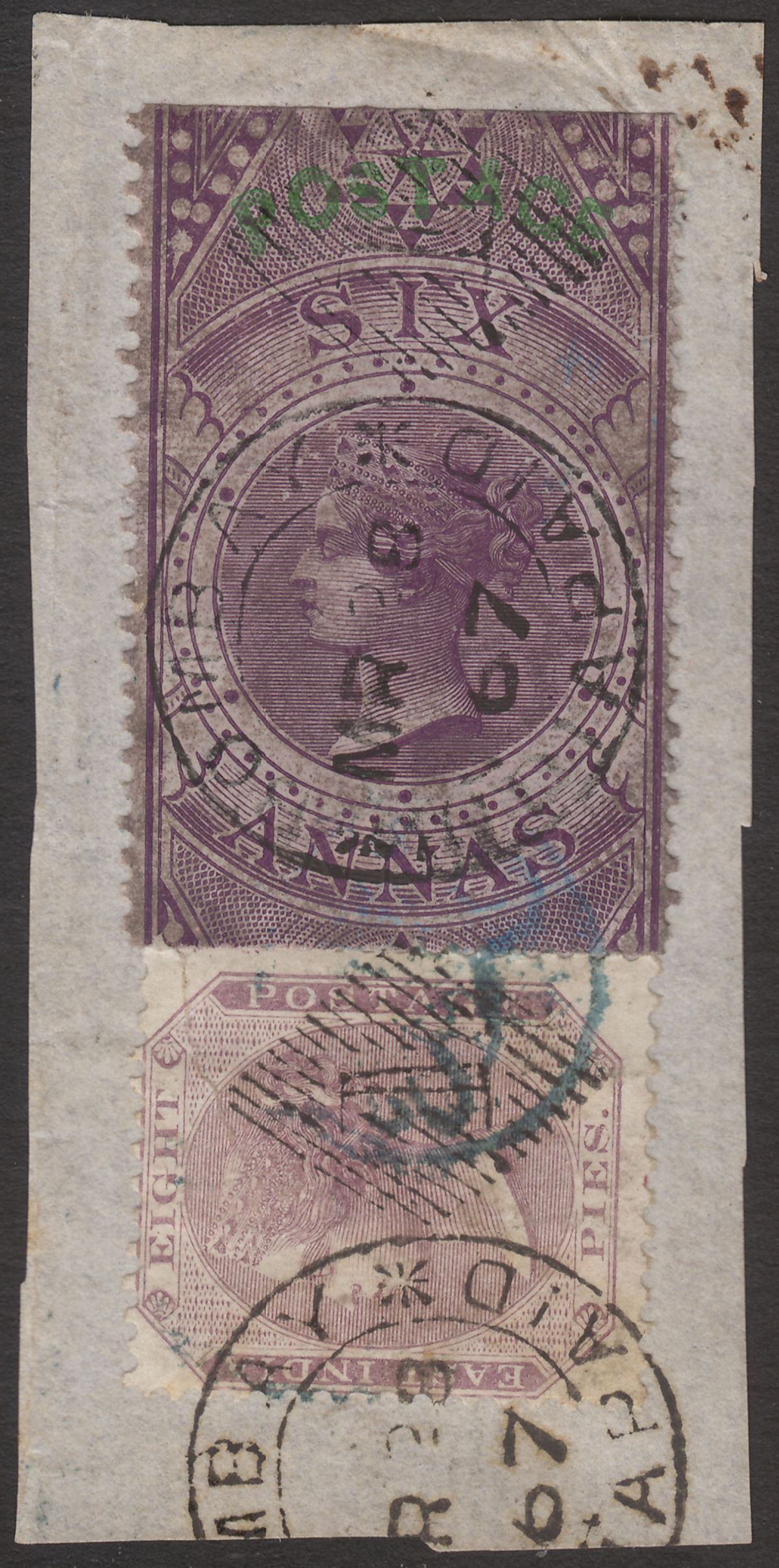 India 1866 QV Postage Overprint Revenue 6a Purple + 8p Used on Piece SG68 c£250